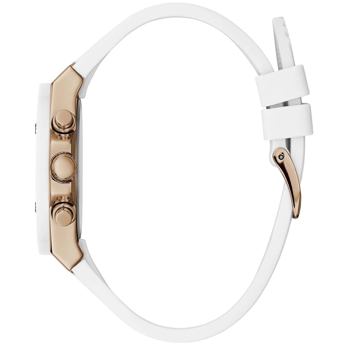 Side profile of Guess Athena GW0030L3 women's quartz battery watch showing 10mm thickness and rose gold finish