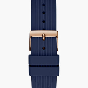 Rose gold-tone buckle clasp on Guess Athena GW0030L5 women's quartz battery blue rubber strap watch