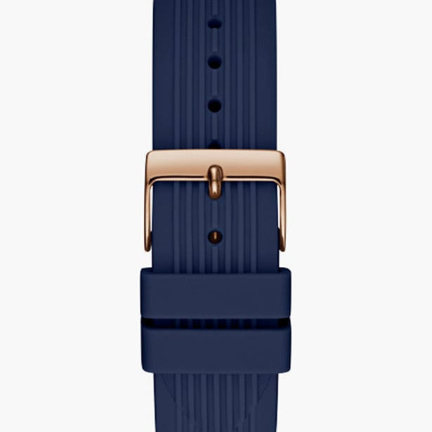 Rose gold-tone buckle clasp on Guess Athena GW0030L5 women's quartz battery blue rubber strap watch