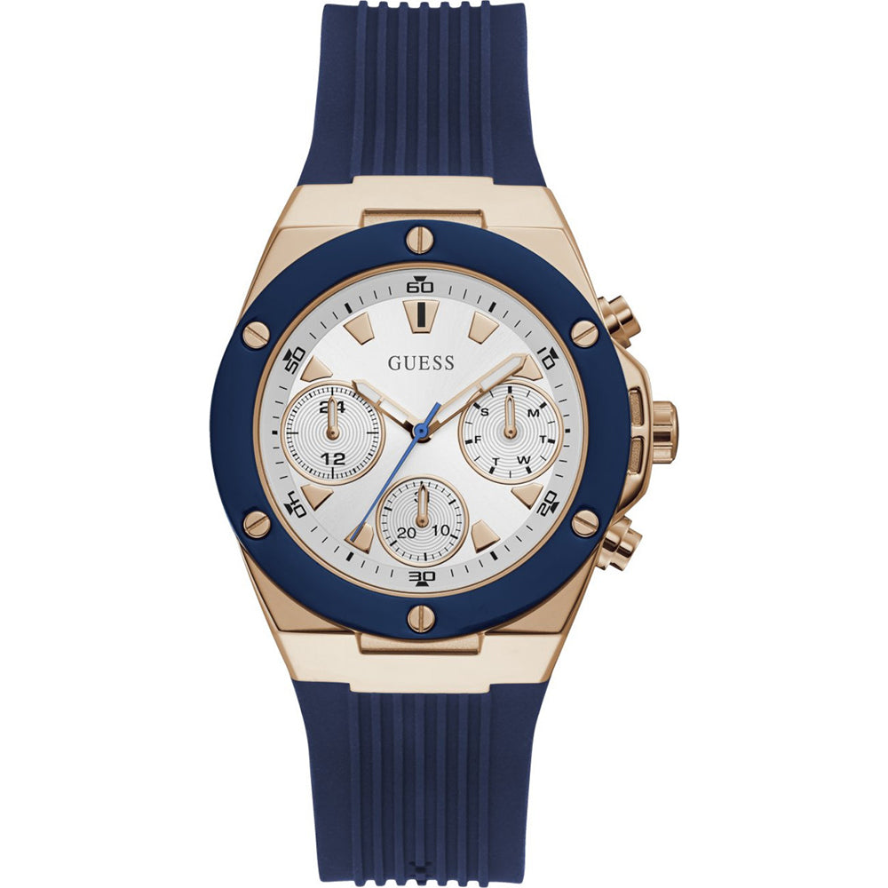 Guess Athena GW0030L5 women's quartz battery watch with silver sunray dial, multi-function sub-dials, rose gold and blue case, navy blue rubber strap main view