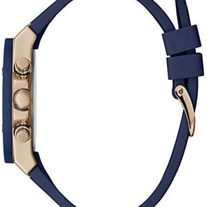Side profile of Guess Athena GW0030L5 women's quartz battery watch showing 10mm thickness and rose gold finish