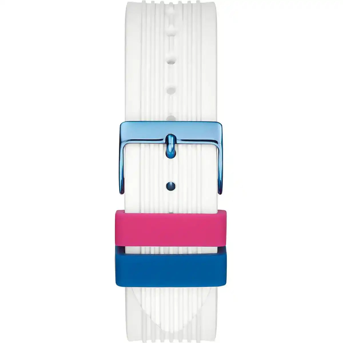 Multicolor iridescent buckle clasp on Guess Athena GW0030L6 women's quartz battery white rubber strap watch