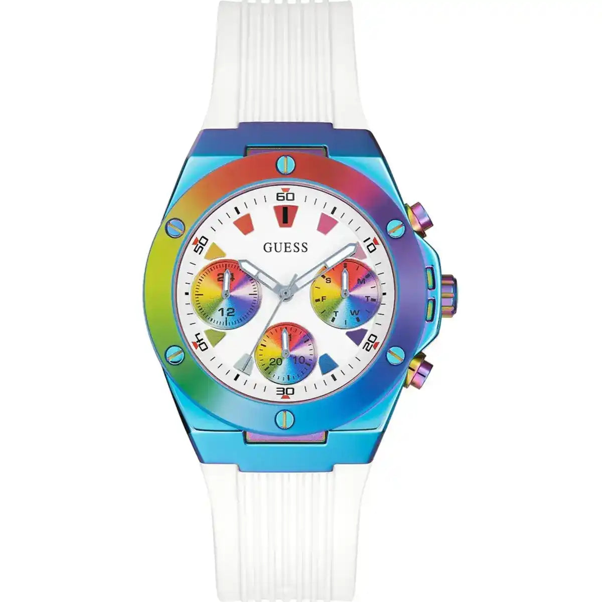 Guess Athena GW0030L6 women's quartz battery watch with white sunray dial, rainbow multi-function sub-dials, iridescent multicolor case, white rubber strap main view