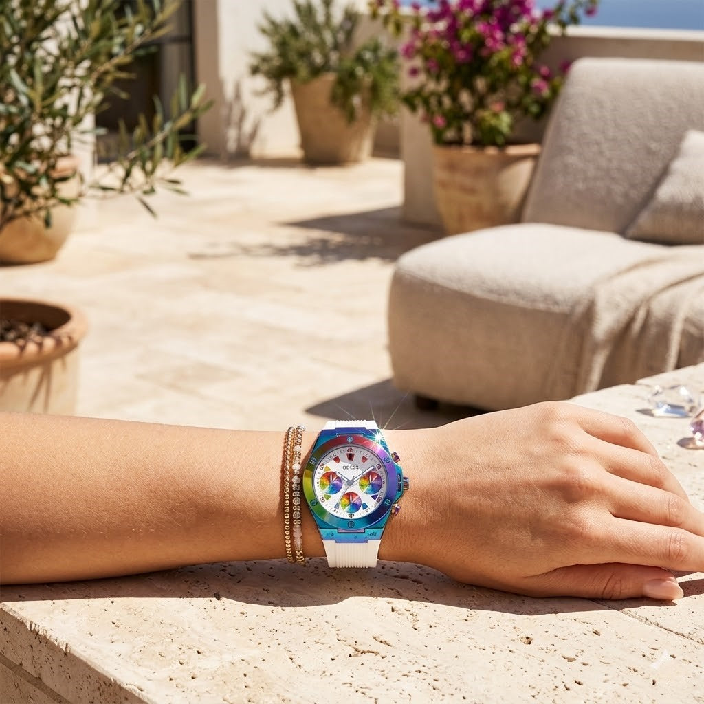 Close up of Guess Athena GW0030L6 women's quartz battery watch on wrist showing clean white dial and luxury rainbow bezel