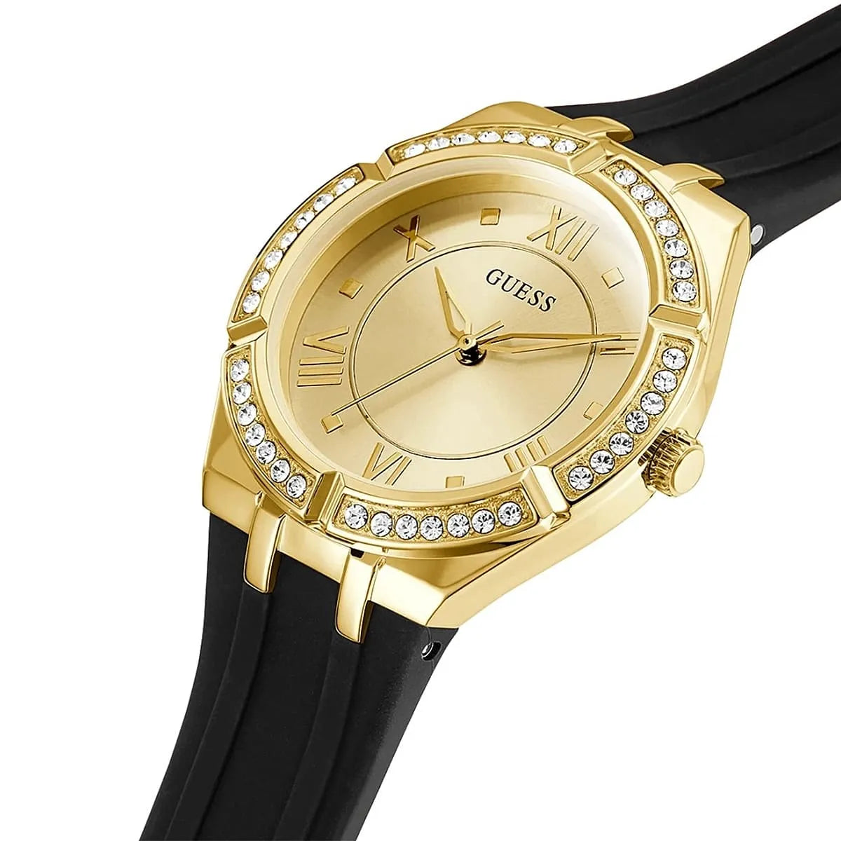 Right angled view of Guess Cosmo GW0034L1 women's quartz battery watch highlighting gold finish and crystal details