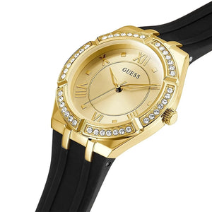 Right angled view of Guess Cosmo GW0034L1 women's quartz battery watch highlighting gold finish and crystal details