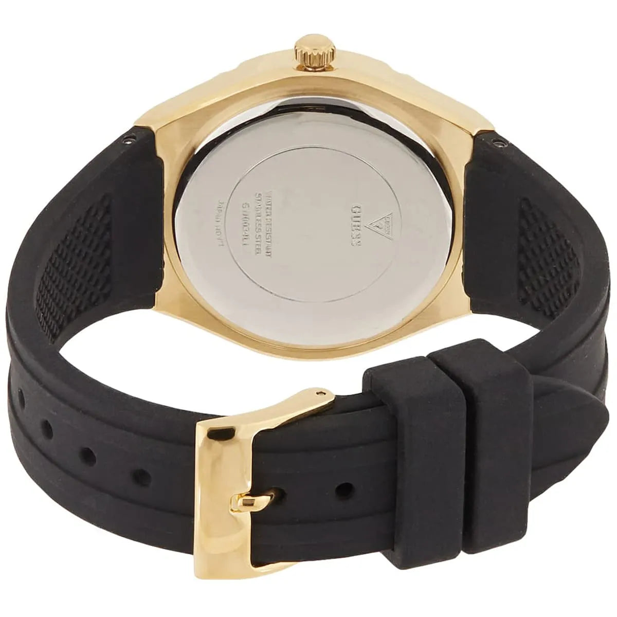 Gold-tone buckle clasp on Guess Cosmo GW0034L1 women's quartz battery black rubber strap watch