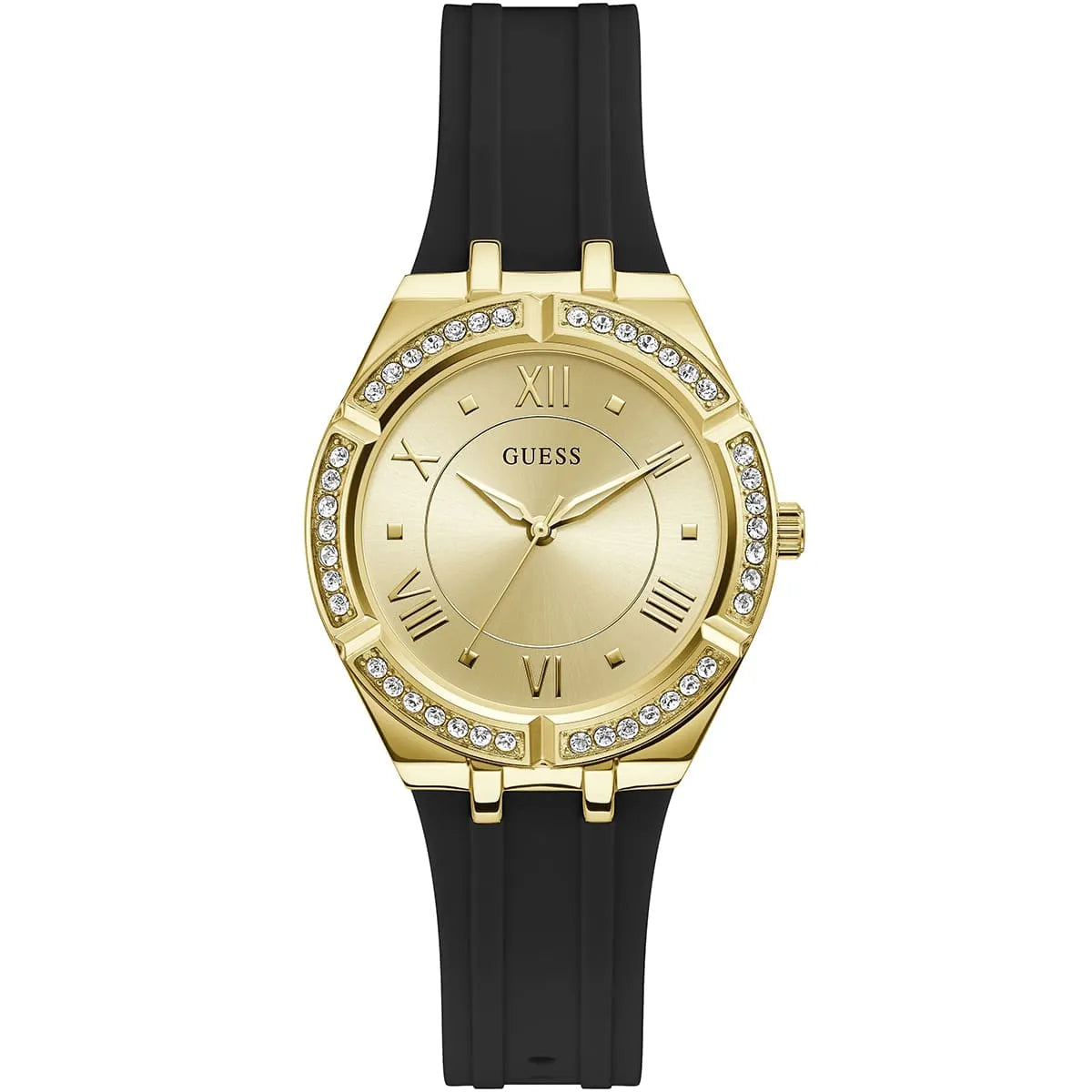 Guess Cosmo GW0034L1 women's quartz battery watch with gold sunray dial, gold-tone Roman numerals, gold case with crystals, black rubber strap main view