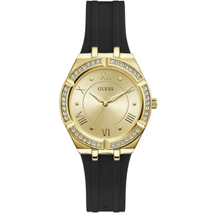 Guess Cosmo GW0034L1 women's quartz battery watch with gold sunray dial, gold-tone Roman numerals, gold case with crystals, black rubber strap main view