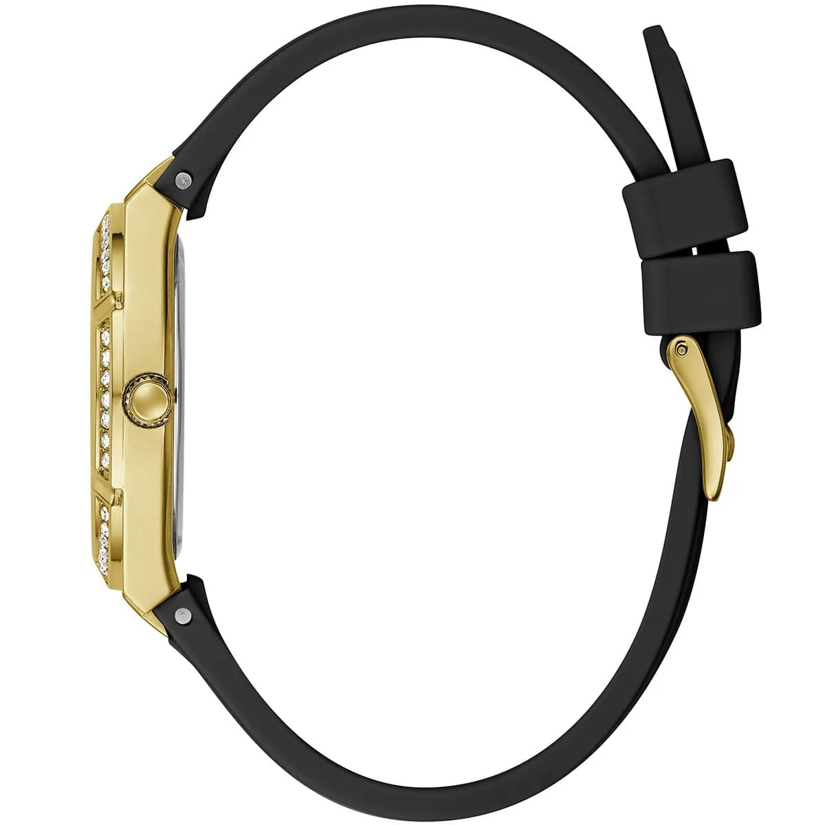 Side profile of Guess Cosmo GW0034L1 women's quartz battery watch showing 9mm thickness and gold finish