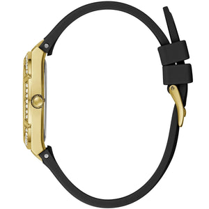 Side profile of Guess Cosmo GW0034L1 women's quartz battery watch showing 9mm thickness and gold finish