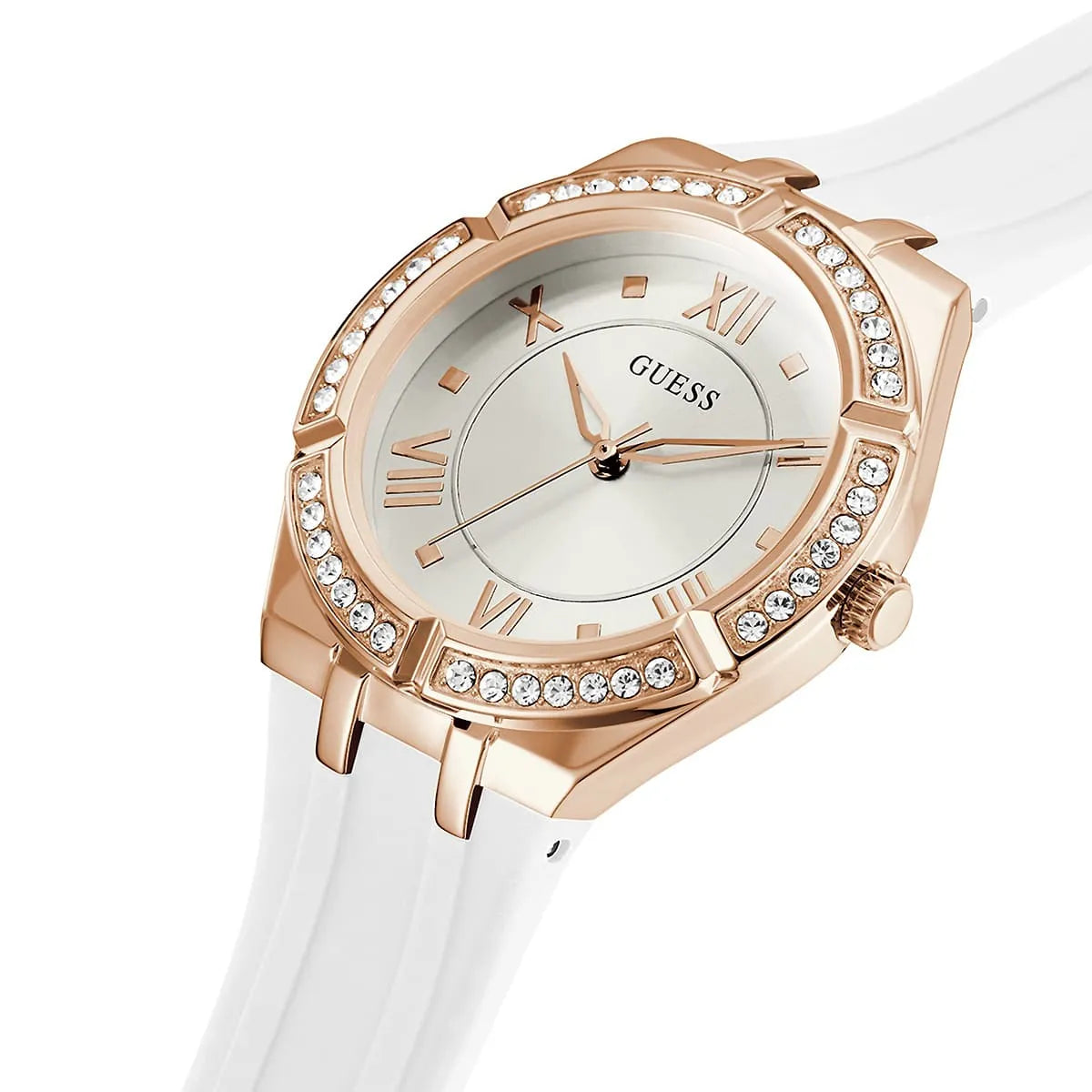 Right angled view of Guess Cosmo GW0034L2 women's quartz battery watch highlighting rose gold finish and crystal details