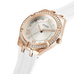 Right angled view of Guess Cosmo GW0034L2 women's quartz battery watch highlighting rose gold finish and crystal details