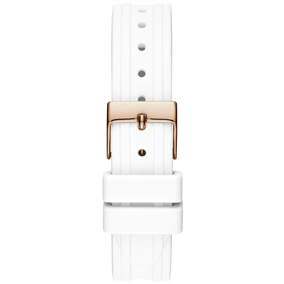 Rose gold-tone buckle clasp on Guess Cosmo GW0034L2 women's quartz battery white rubber strap watch