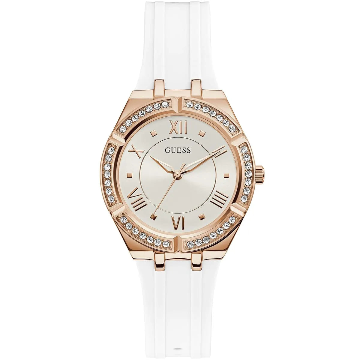 Guess Cosmo GW0034L2 women's quartz battery watch with silver sunray dial, rose gold-tone Roman numerals, rose gold case with crystals, white rubber strap main view