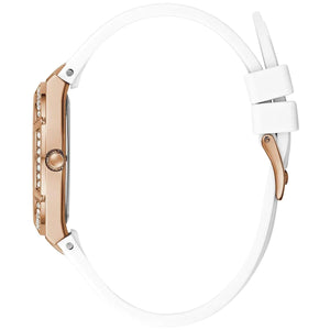 Side profile of Guess Cosmo GW0034L2 women's quartz battery watch showing 9mm thickness and rose gold finish