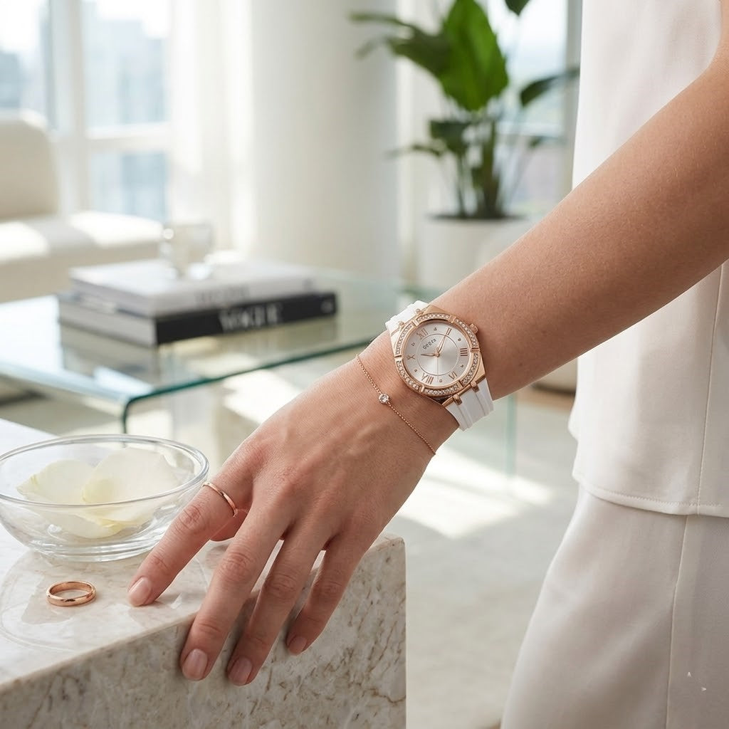 Close up of Guess Cosmo GW0034L2 women's quartz battery watch on wrist showing silver sunray dial and luxury crystal bezel