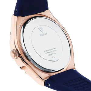 Caseback of Guess Cosmo GW0034L4 women's quartz battery watch showing technical specs 30m water resistance and rubber strap