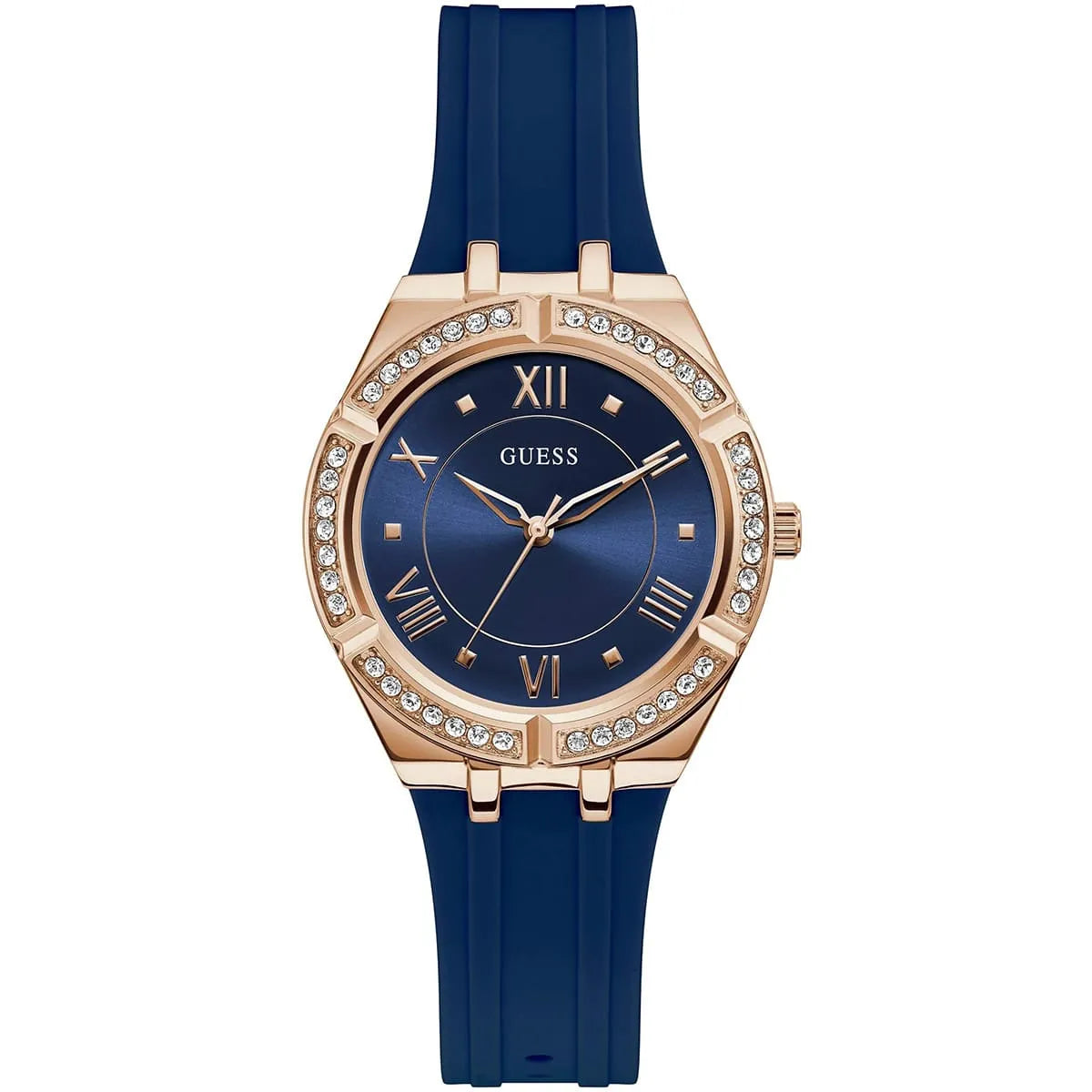 Guess Cosmo GW0034L4 women's quartz battery watch with blue sunray dial, gold-tone Roman numerals, gold case with crystals, blue rubber strap main view