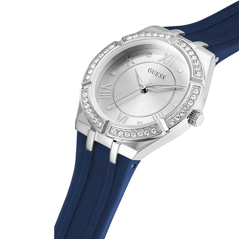 Right angled view of Guess Cosmo GW0034L5 women's quartz battery watch highlighting silver finish and crystal details