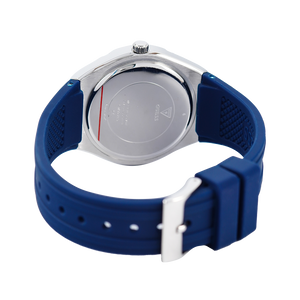 Silver-tone buckle clasp on Guess Cosmo GW0034L5 women's quartz battery blue rubber strap watch