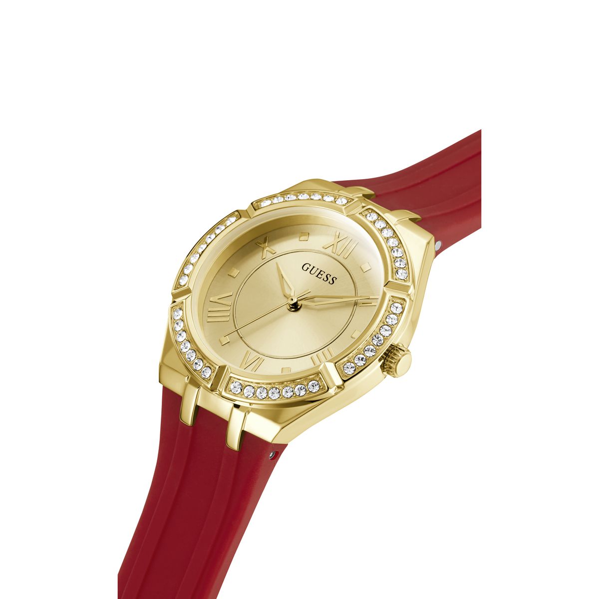 Right angled view of Guess Cosmo GW0034L6 women's quartz battery watch highlighting gold finish and crystal details