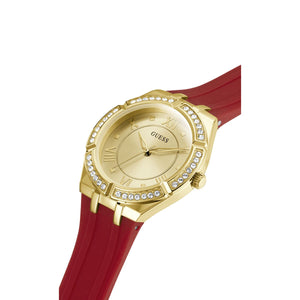 Right angled view of Guess Cosmo GW0034L6 women's quartz battery watch highlighting gold finish and crystal details