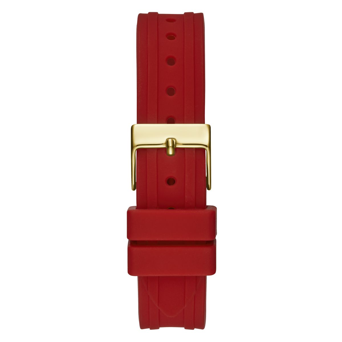 Gold-tone buckle clasp on Guess Cosmo GW0034L6 women's quartz battery red rubber strap watch