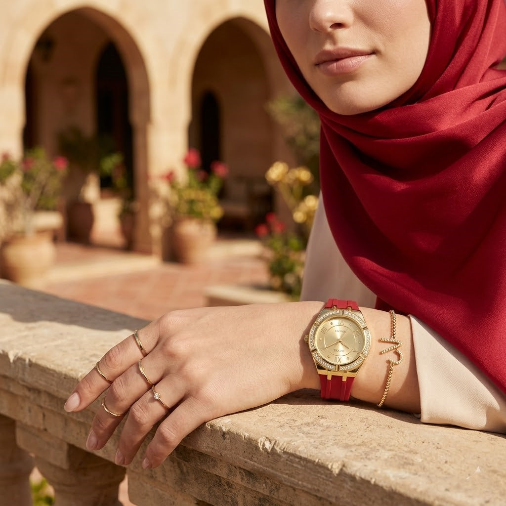 Elegant woman wearing Guess Cosmo GW0034L6 women's quartz battery watch with gold case and luxury red rubber strap