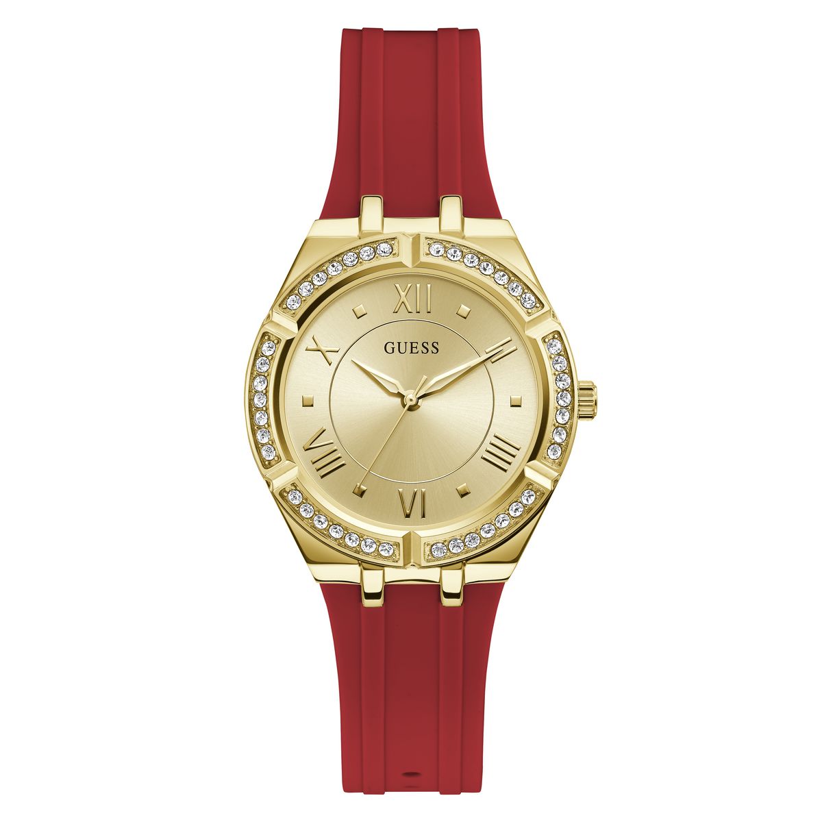 Guess Cosmo GW0034L6 women's quartz battery watch with gold sunray dial, gold-tone Roman numerals, gold case with crystals, red rubber strap main view