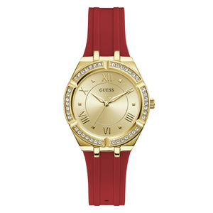Guess Cosmo GW0034L6 women's quartz battery watch with gold sunray dial, gold-tone Roman numerals, gold case with crystals, red rubber strap main view