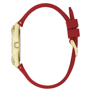 Side profile of Guess Cosmo GW0034L6 women's quartz battery watch showing 9mm thickness and gold finish