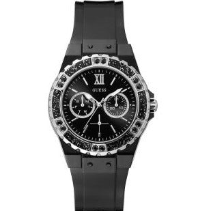 Guess Limelight GW0041L5 women's watch featuring a black ion-plated case with crystal bezel, black multi-function dial, and black rubber strap