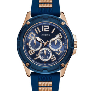 Guess Rig GW0051G3 men's watch with rose gold case, blue dial, and blue rubber strap with metal inserts