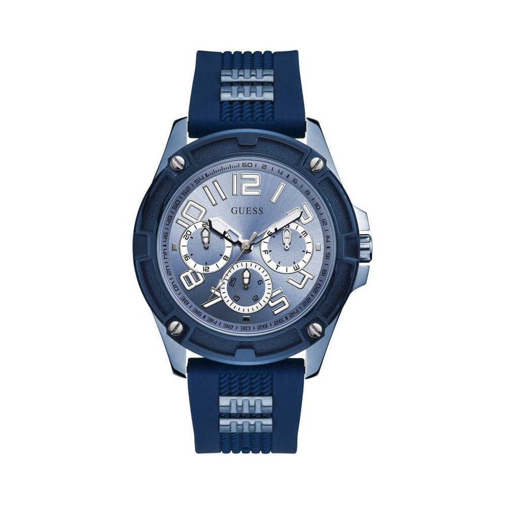 Guess Rig GW0051G4 men's watch with silver case, blue bezel, and blue rubber strap with metal inserts