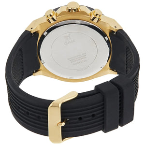 Caseback of Guess Poseidon GW0057G1 men's quartz battery watch showing technical specs 50m water resistance and rubber strap