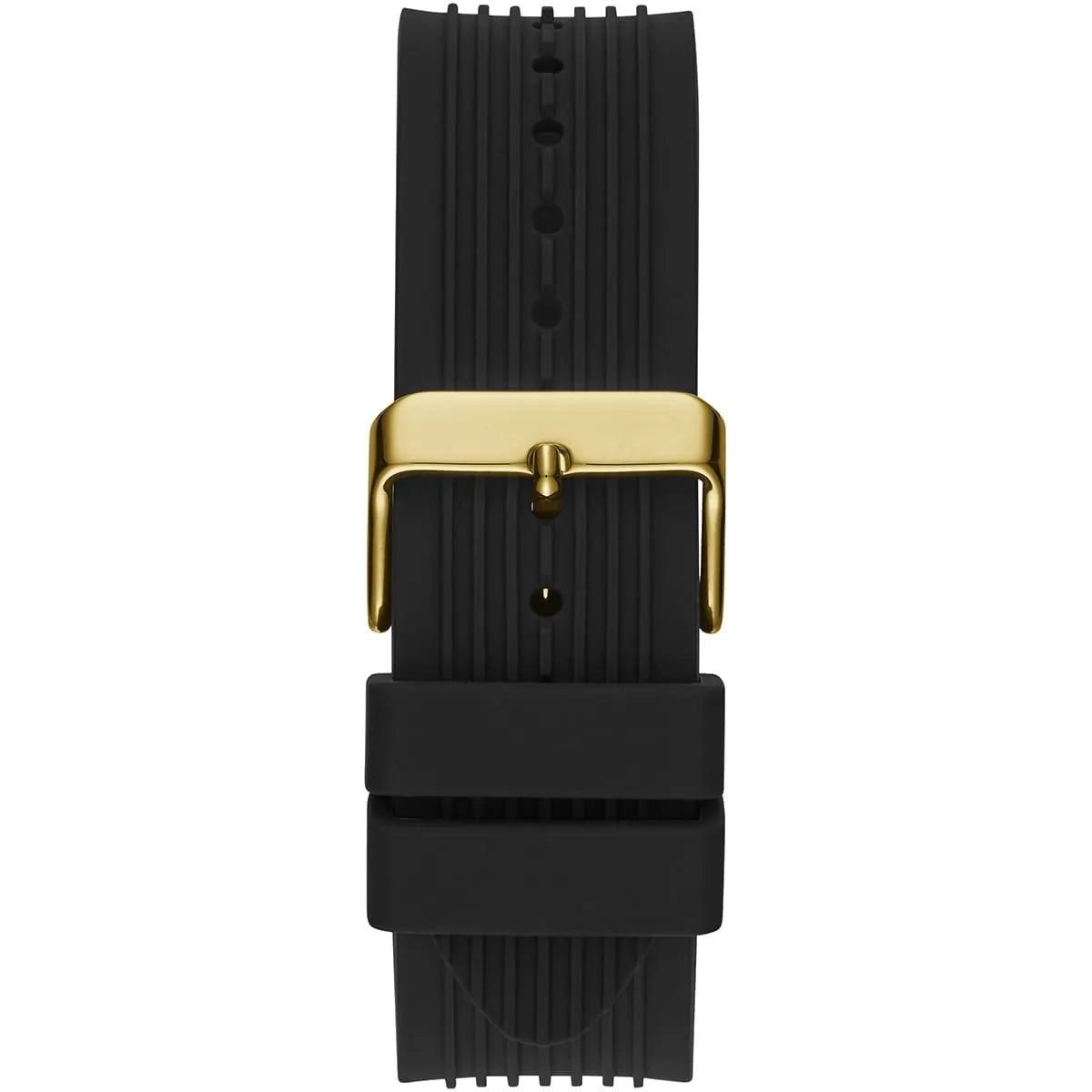 Gold-tone buckle clasp on Guess Poseidon GW0057G1 men's quartz battery black rubber strap watch