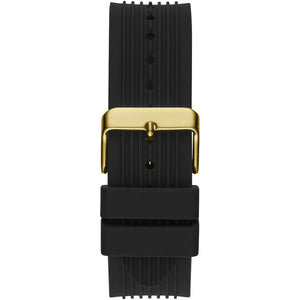 Gold-tone buckle clasp on Guess Poseidon GW0057G1 men's quartz battery black rubber strap watch