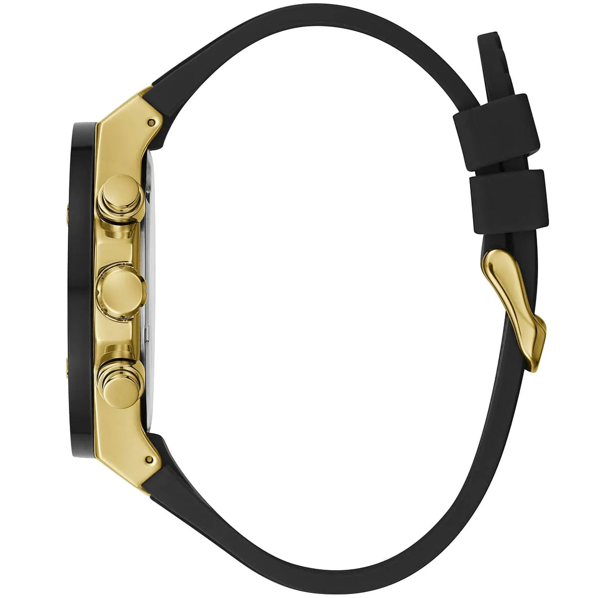 Side profile of Guess Poseidon GW0057G1 men's quartz battery watch showing 11mm thickness and gold finish