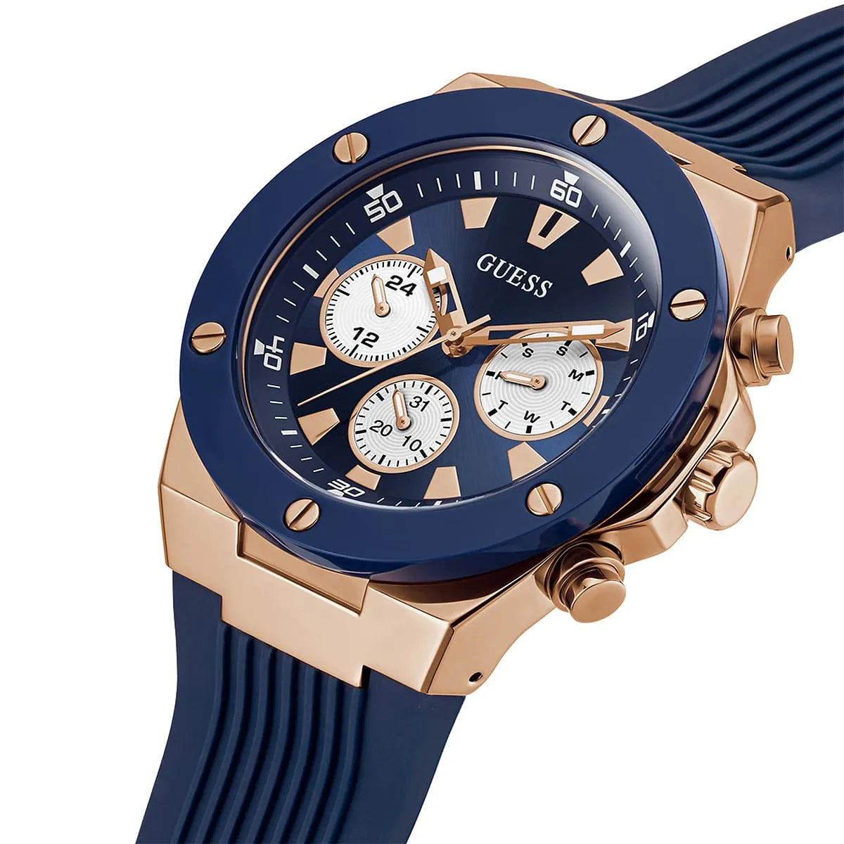 Right angled view of Guess Poseidon GW0057G2 men's quartz battery watch highlighting rose gold finish and blue bezel details