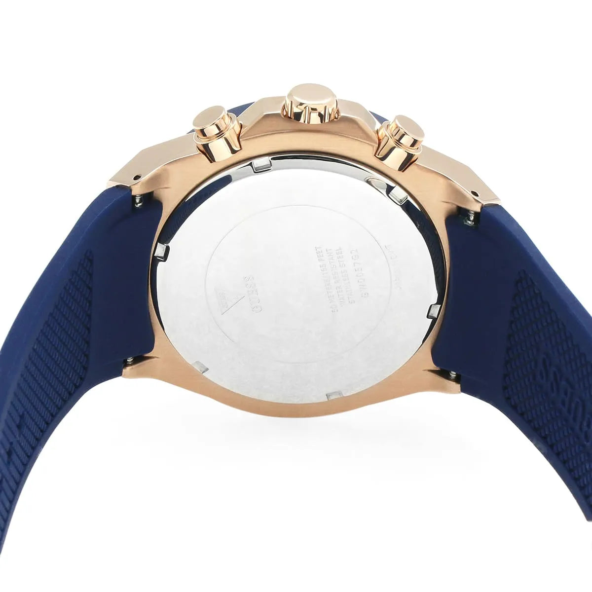 Caseback of Guess Poseidon GW0057G2 men's quartz battery watch showing technical specs 50m water resistance and rubber strap