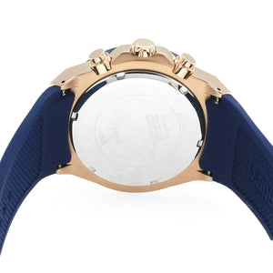 Caseback of Guess Poseidon GW0057G2 men's quartz battery watch showing technical specs 50m water resistance and rubber strap