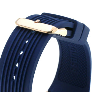 Rose gold-tone buckle clasp on Guess Poseidon GW0057G2 men's quartz battery navy blue rubber strap watch