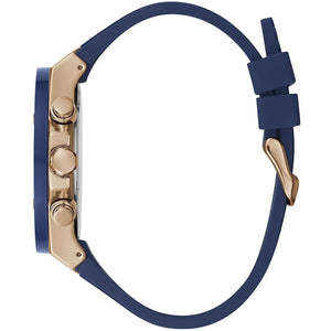 Side profile of Guess Poseidon GW0057G2 men's quartz battery watch showing 11mm thickness and rose gold finish