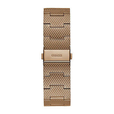 Rose gold-tone adjustable sliding clasp on Guess GW0074G1 men's quartz battery rose gold mesh bracelet watch