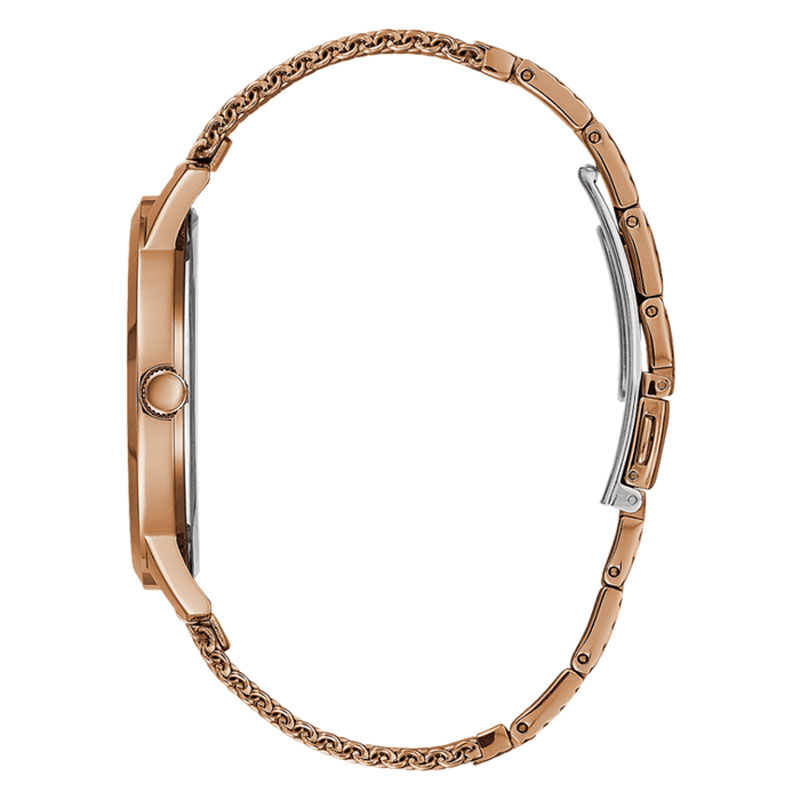 Detailed view of rose gold-tone minimalist crown on Guess GW0074G1 men's quartz battery watch
