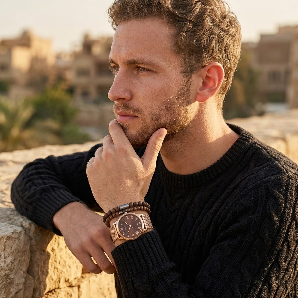 Elegant man wearing Guess GW0074G1 men's quartz battery watch with rose gold case and luxury mesh bracelet