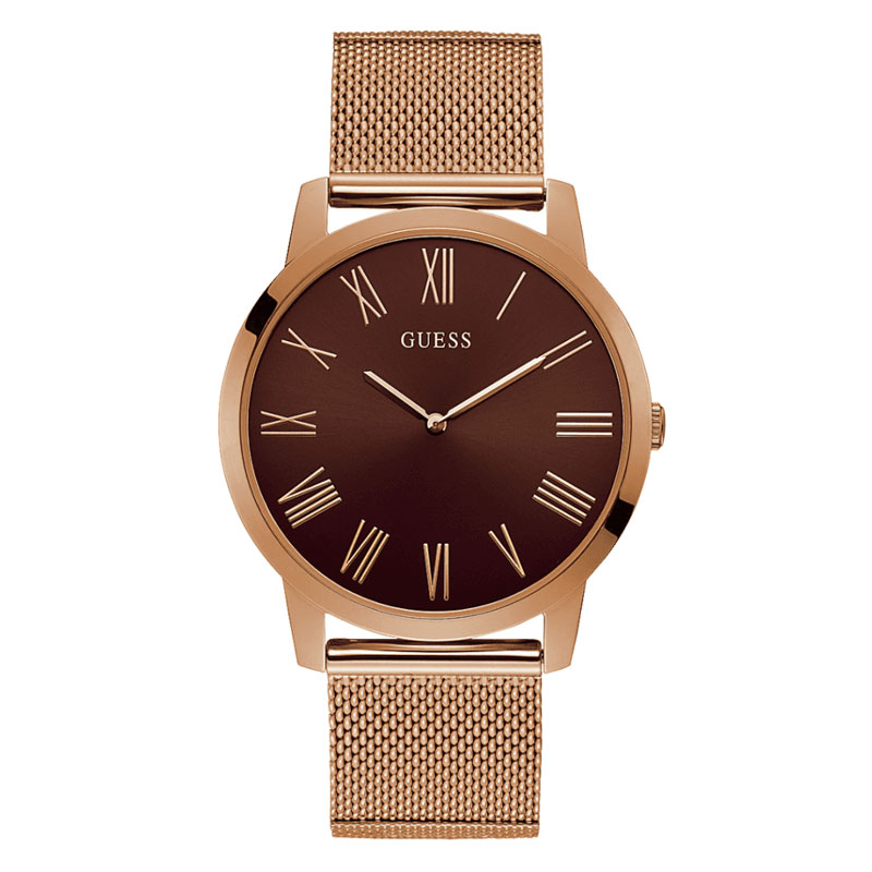 Guess GW0074G1 men's quartz battery watch with brown dial, roman numerals, rose gold case, rose gold stainless steel mesh bracelet main view