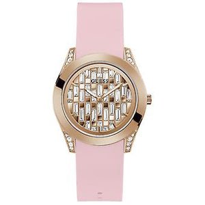 Guess Lady Frontier GW0109L2 women's quartz battery watch with rose gold dial encrusted with baguette crystals, crystal-embellished rose gold case, pink rubber strap main view