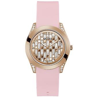 Guess Lady Frontier GW0109L2 women's quartz battery watch with rose gold dial encrusted with baguette crystals, crystal-embellished rose gold case, pink rubber strap main view